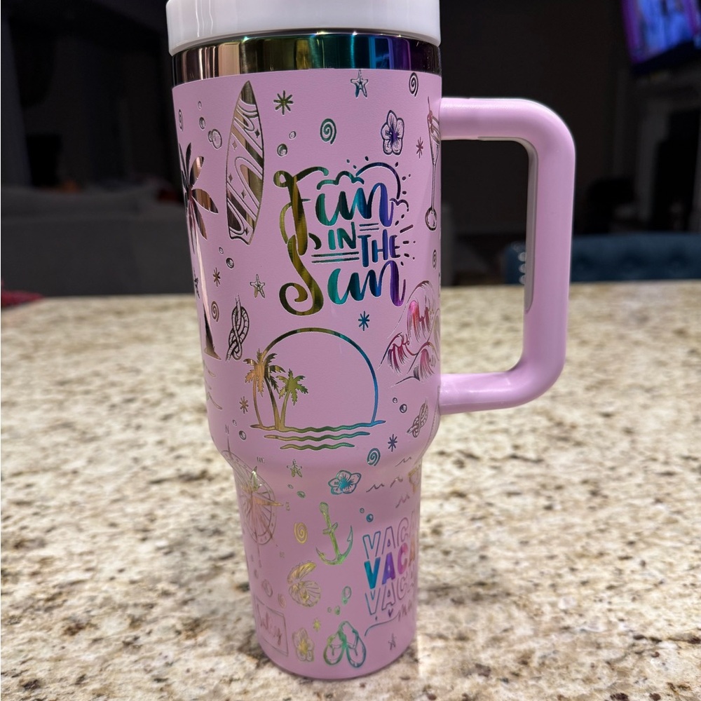 Pink Summer Beach Vacation, Fun in the Sun Insulated Tumbler With Handle, 40oz